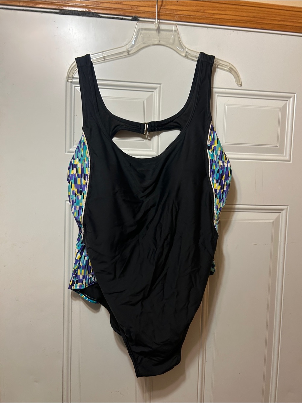 Women's Black One-Piece Swimsuit with Multicolor Side Panels 2X
